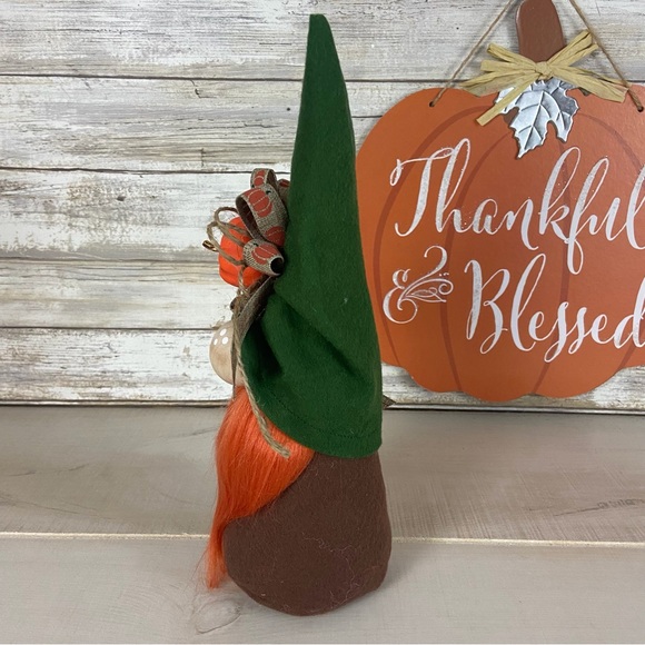 Gnome Fall Autumn Pumpkin Ribbon Green Brown Flannel Shelf Sitter Home Decor - Picture 8 of 10